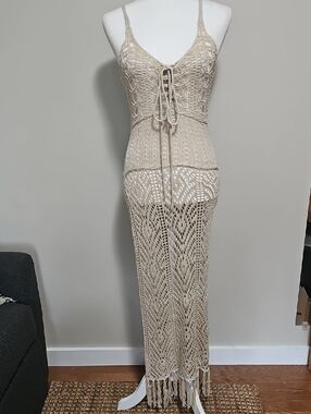 Crochet Maxi Dress / Swimsuit Cover-up in Beige with Fringe